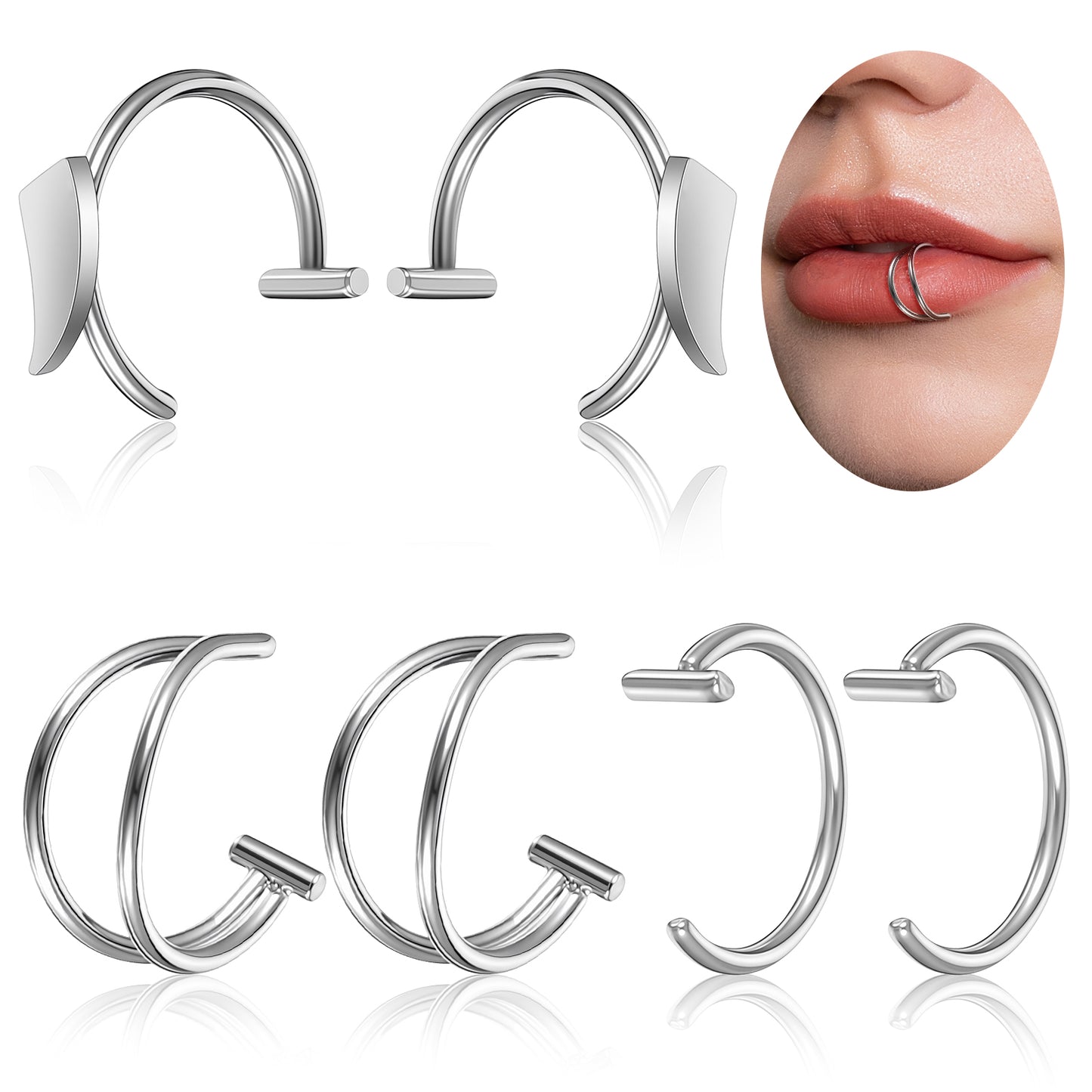 XLIUAX 18 Pcs Fake Lip Ring, 3 Styles Silver Fake Lip Piercing Adjustable Clip On Faux Nose Rings Clip on Faux Snake Bites Hoops for Halloween Vampire Teeth Rings Non Piercing Jewelry