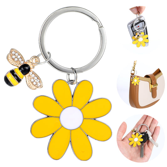 HHJZHII Cute Bee Daisy Keychain, Enameled Zinc Alloy Flower Key Chain Bag Charm Purse Keys Metal Keyring Purse Accessories Gift for Women Girl