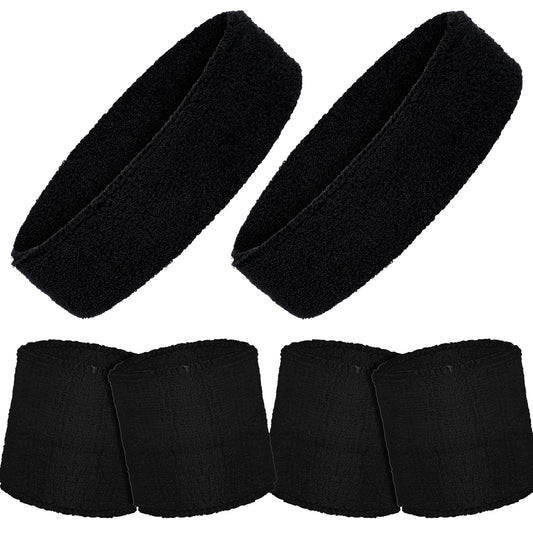 AOZUO 6pcs Sweatband Set, Sports Headband and Wristband Set Moisture Wicking Athletic Workout Headbands Terry Cloth Sweat Absorbing Wristband for Gym Running Basketball Tennis Yoga Jogging(Black)