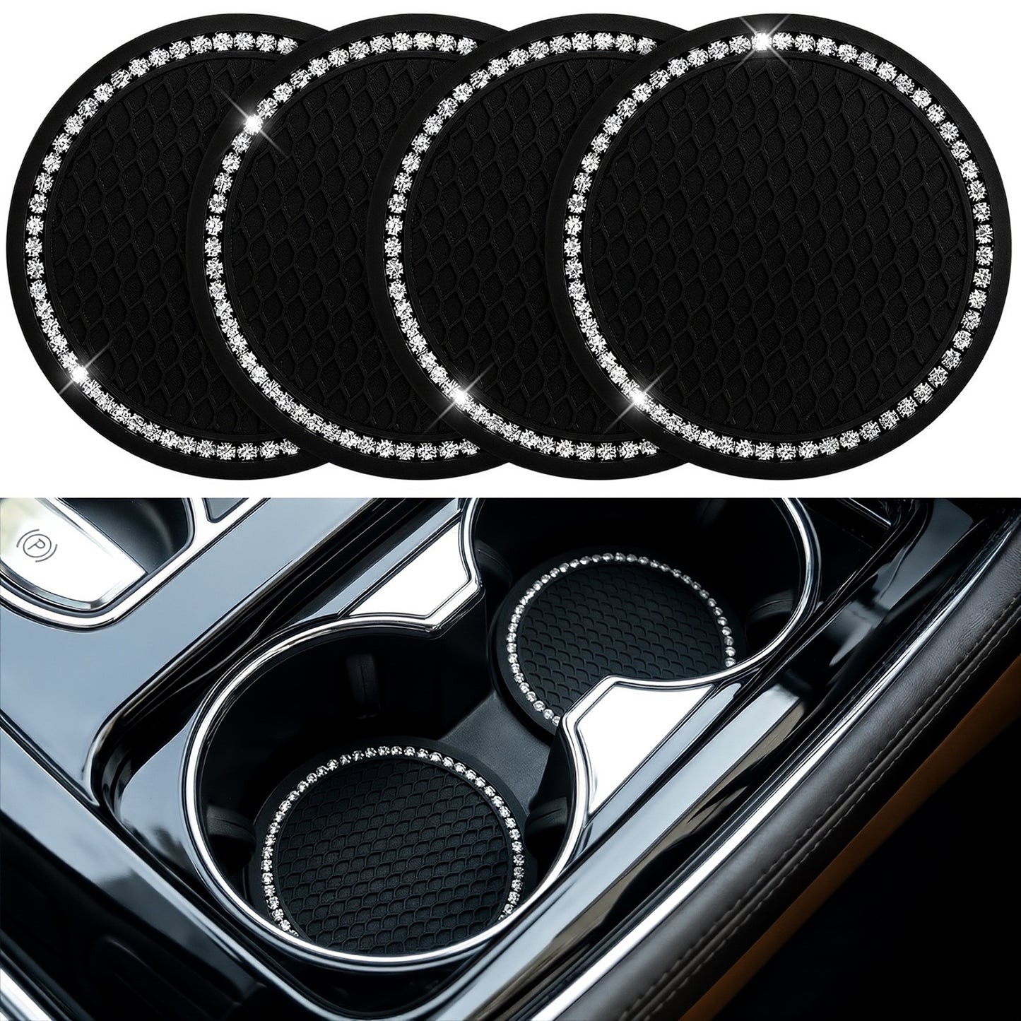 Cobee 4PCS 7cm Car Cup Holder Coaster with Crystal Rhinestone, Universal Bling Car Coasters Anti Slip Shockproof Cup Holder Insert Coaster Vehicle Interior Accessories Cars Accessories