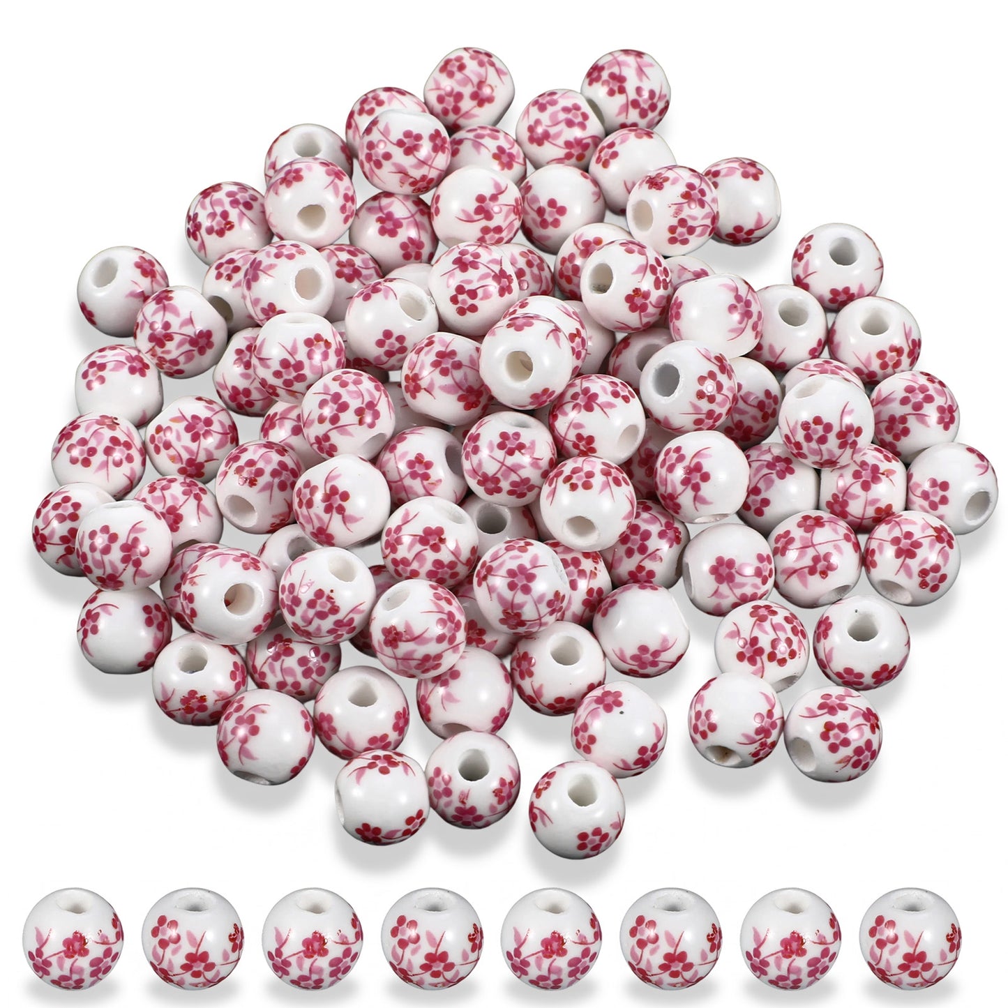 JJUNW Ceramic Beads, 100 Pcs Round Porcelain Beads 8mm Handmade Porcelain Flower Printed Spacer Beads Craft Beading Kit for Jewelry Making Supplies DIY Crafts Bracelets Necklace(Pink)