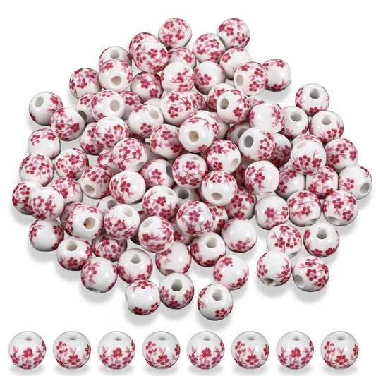 JJUNW Ceramic Beads, 100 Pcs Round Porcelain Beads 8mm Handmade Porcelain Flower Printed Spacer Beads Craft Beading Kit for Jewelry Making Supplies DIY Crafts Bracelets Necklace(Pink)