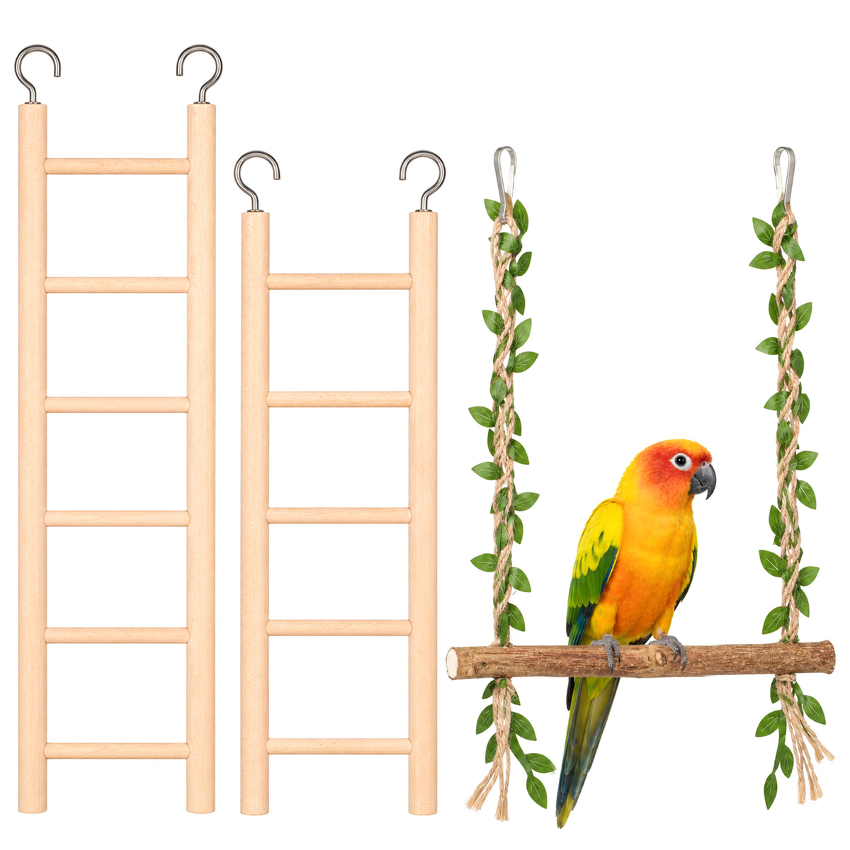 YUXMU 3 Pcs 2 Sizes Bird Ladder, 5/6-Step Wooden Cage Ladder with Swing