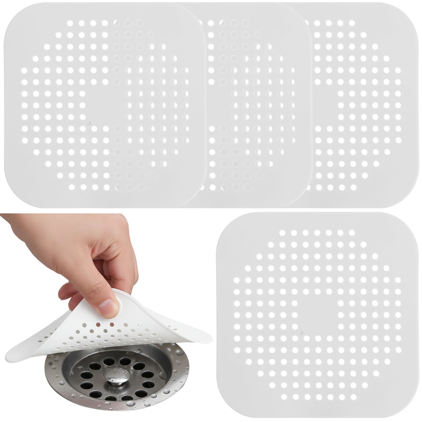 TIESOME 4 Pack Silicone Shower Drain Cover, Square Drain Hair Catcher, Flat Silicone Plug with Suction Cups for Bathroom, Bathtub and Kitchen, Filter Strainer Shower Protection (Gray, White)