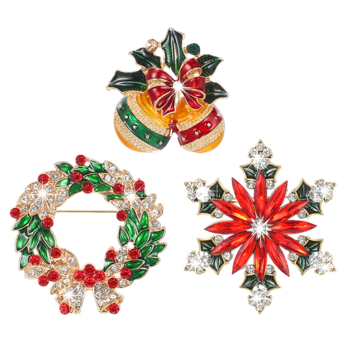 Amabro 3 Pcs Christmas Brooch Pin Set, Vintage Rhinestone Crystal Pins