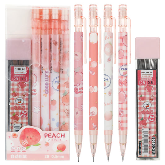 Molain Cute Mechanical Pencil Set, 4PCS Pink Peach Mechanical Pencils 0.5mm with 100PCS HB Pencil Refills School Office Supplies Aesthetic Mechanical Pencils for Girls Writing Drawing Sketching(4)