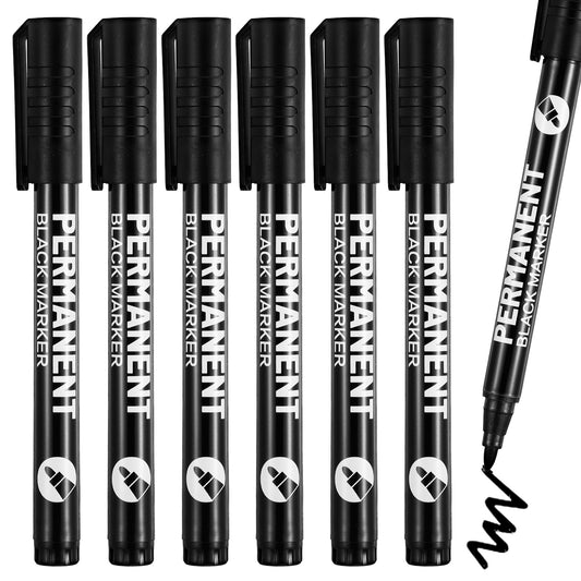 HJZHII 6 Pcs Black Permanent Marker Pens, Bullet Tip Marker Paint Pen, Waterproof and Quick Drying Fabric Pens Acrylic Paint Brush Pen for Clothes Doodling Rock Metal Glass Wood Tyre Painting Ceramic