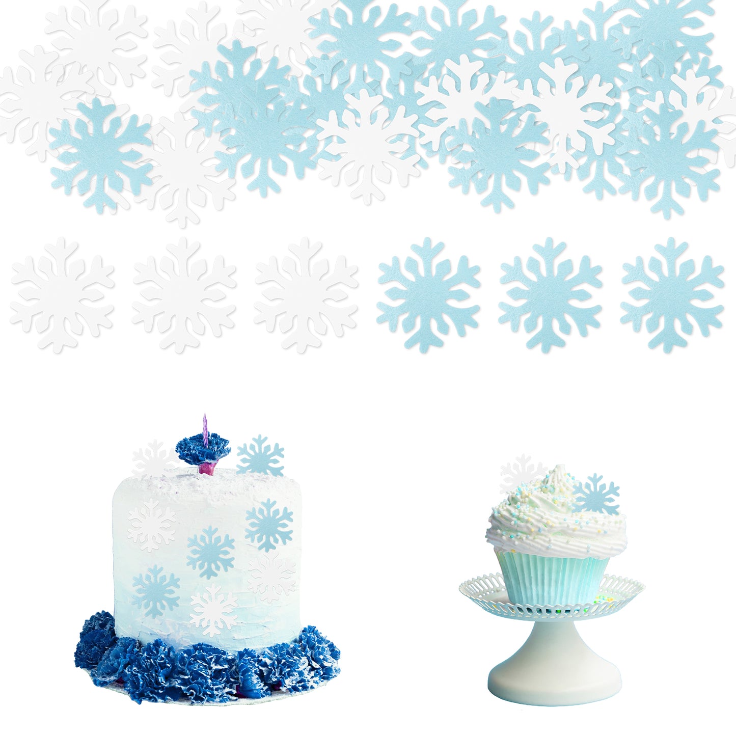 Molain 50PCS Edible Snowflakes for Cake Decorating Edible Christmas Cake Decorations Wafer Paper Snowflake Cupcake Toppers for Christmas Winter Holiday Snow Theme Party Supplies(Blue+White)