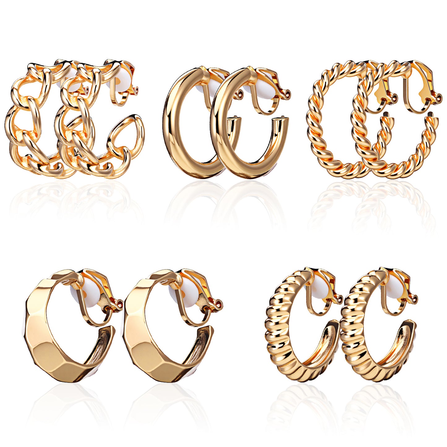 HJZHII 5 Pairs Gold Clip On Earrings for Women, Trendy Chunky Hoop Clip Earrings Adjustable No Piercing FakeEarring Gold Hoops Earring Set Golden Clips on Earring for Women