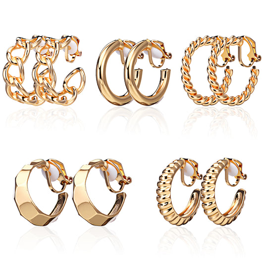 HJZHII 5 Pairs Gold Clip On Earrings for Women, Trendy Chunky Hoop Clip Earrings Adjustable No Piercing FakeEarring Gold Hoops Earring Set Golden Clips on Earring for Women