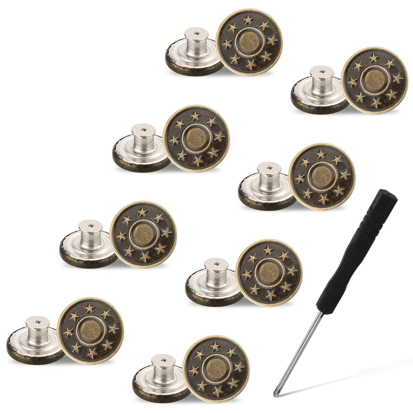 DOPENSPI 8 Pcs Jean Button Pins,17mm Replacement Buttons No-Sew Adjustable Metal Button Pins with Screwdriver for Jeans Pants Clothing Repair