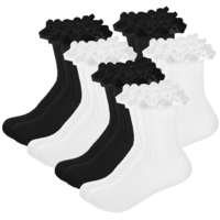 Giantree 6 Pairs Ruffle Socks Women, White and Black Ankle Socks Breathable Cotton Crew Ruffled Socks Lettuce Edge Boot Socks