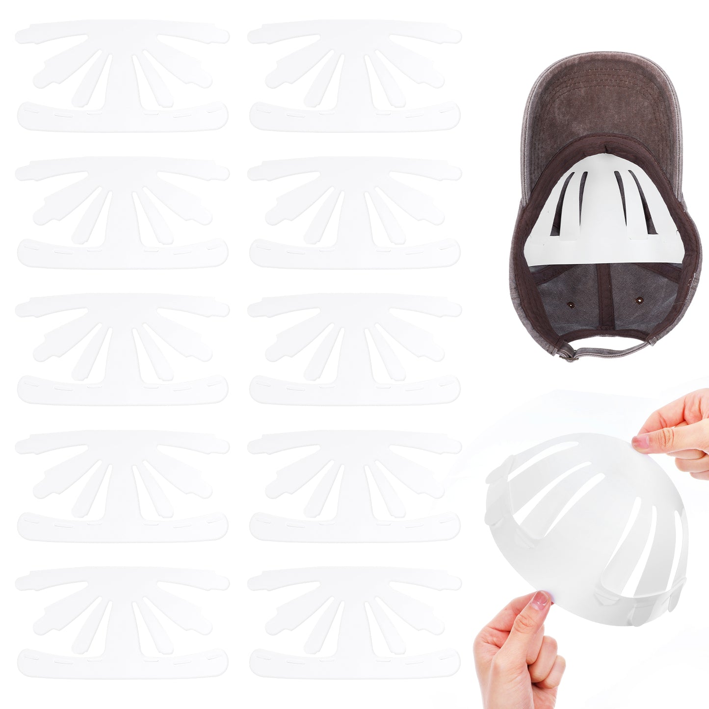TIESOME 10Pcs White Baseball Cap Inserts Shapers, Flexible White Plastic Card Hat Inner Support Universal Hat Fitter Inserts for Baseball Caps Sports