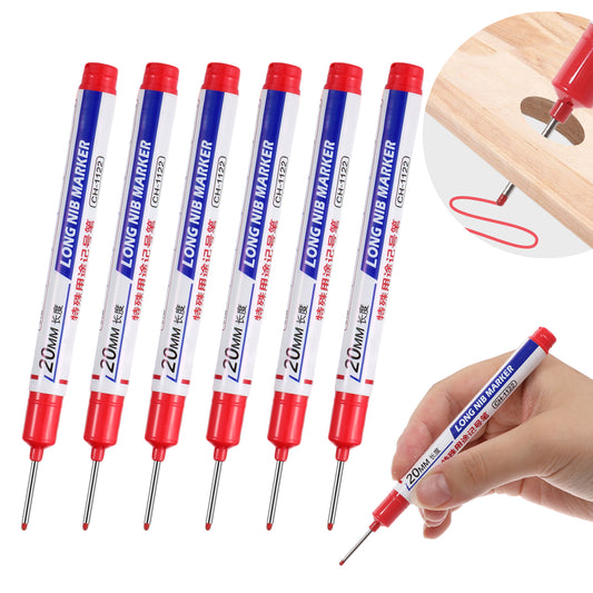 Bewudy 6PCS Long Head Deep Hole Marker Pens, Waterproof Construction Markers Marking Tool, Permanent Markers Carpenter Ink Marker Pens for Carpenters Builders Decoration Construction(Red)