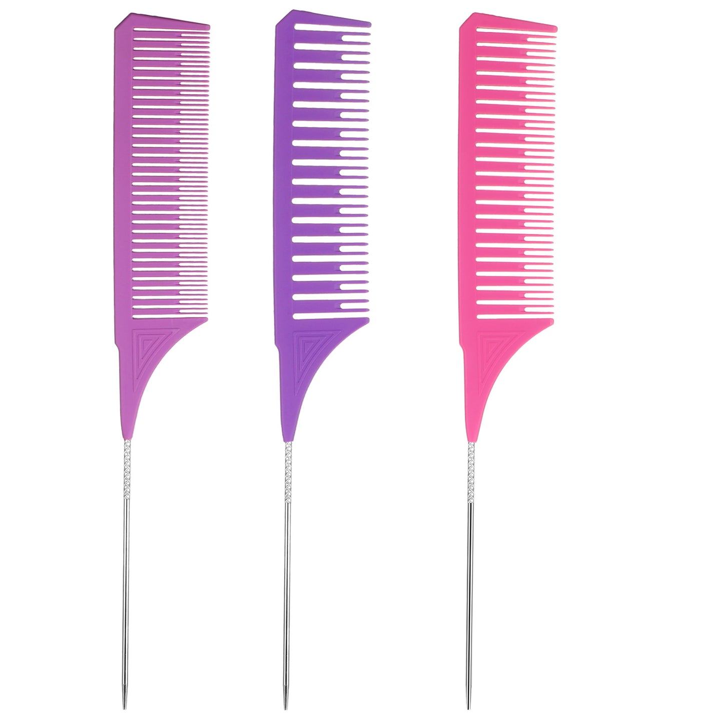 HJZHII 3PCS Highlight Combs, Professional Hair Dye Comb Stylist Combs Weaving Comb with Long Stainless Steel Rat Tail 3 Sizes for Home Barbershop Salon(Purple, Magenta, Light Purple)