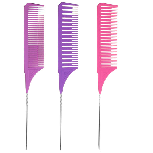 HJZHII 3PCS Highlight Combs, Professional Hair Dye Comb Stylist Combs Weaving Comb with Long Stainless Steel Rat Tail 3 Sizes for Home Barbershop Salon(Purple, Magenta, Light Purple)