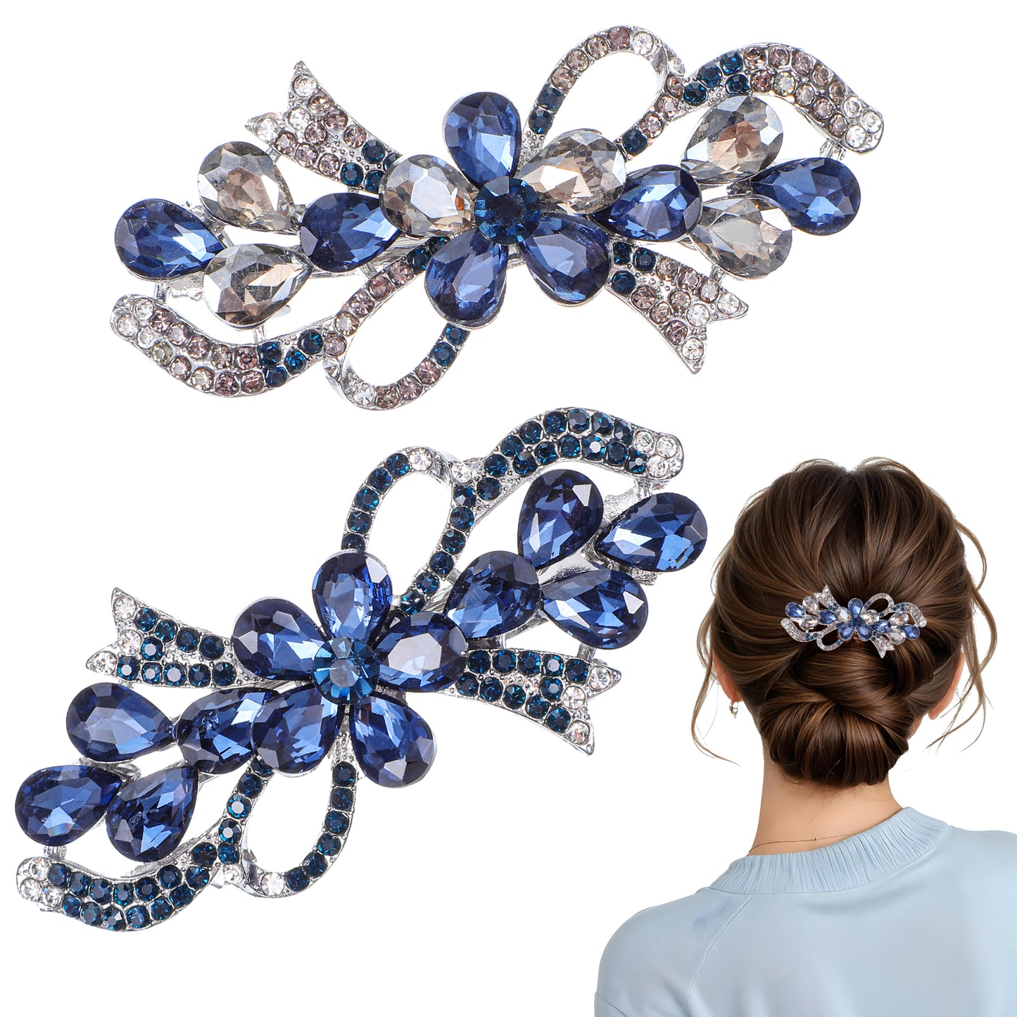JIEYAO 2Pcs Flower Luxury Jewelry Design Hairpin, Rhinestone Hair Clips Blue Vintage Hairpin Rhinestone Floral Hair Clips Vintage Crystal Flower Hairpins Fancy Flowers Barrette for Girls Women Bridal