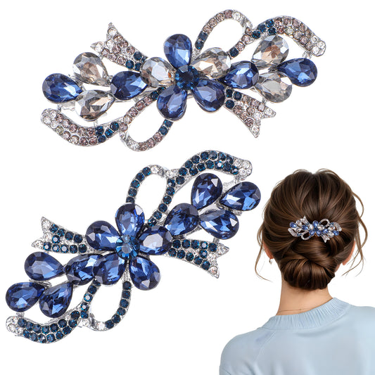 JIEYAO 2Pcs Flower Luxury Jewelry Design Hairpin, Rhinestone Hair Clips Blue Vintage Hairpin Rhinestone Floral Hair Clips Vintage Crystal Flower Hairpins Fancy Flowers Barrette for Girls Women Bridal