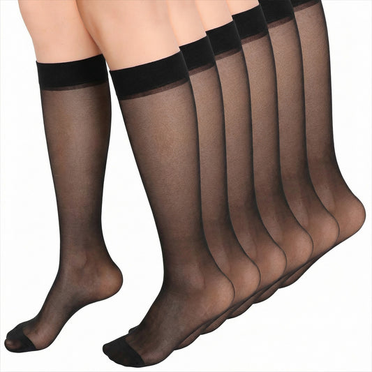JJUNW 6 Pairs Knee High Stockings for Women, 15 Denier Sheer Nylon Socks Knee Highs Trouser Socks (Black)