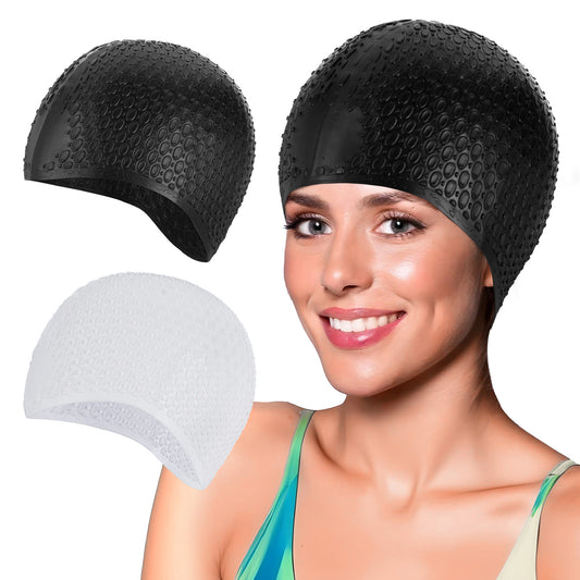 AOZUO 2Pcs Silicone Swim Cap, Unisex Adult Swim Hats Non-Slip Swimming Caps for Long Hair Waterproof Bathing Caps to Keep Hair Dry Keep Hair Protected for Women Men
