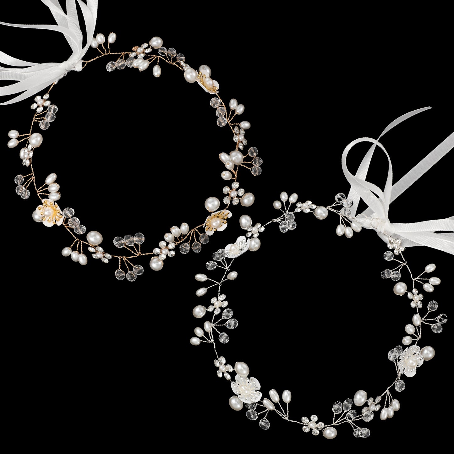 2Pcs Flower Girl Headpiece, Flower Hair Accessory Pearl Flower Crown Headband Wedding Rhinestone Pearl Headband for Bride Princess First Communion Wedding Birthday Party