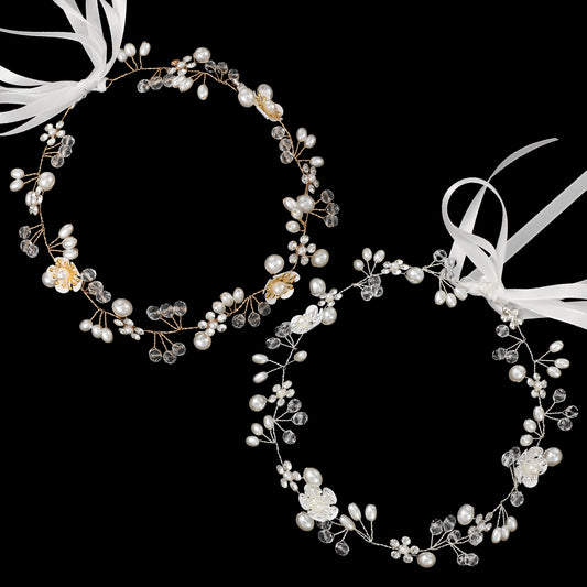 2Pcs Flower Girl Headpiece, Flower Hair Accessory Pearl Flower Crown Headband Wedding Rhinestone Pearl Headband for Bride Princess First Communion Wedding Birthday Party