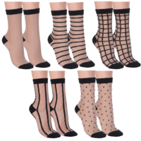 HJZHII 5pairs Sheer Socks for Women, Black Sheer Ankle Socks, Black Checkered Polka Dot Striped Plaid Thin Nylon Transparent See Through Sock Summer Sock for Women Girls