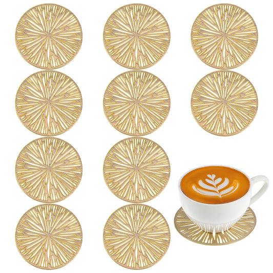 Molain Stylish Gold Coasters Set of 10, Gold Round Non-Slip PVC Drink Coasters for Home Bar Reusable Cup Coasters for Hot and Cold Beverages Outdoor Coasters for Patio Garden Table Decor