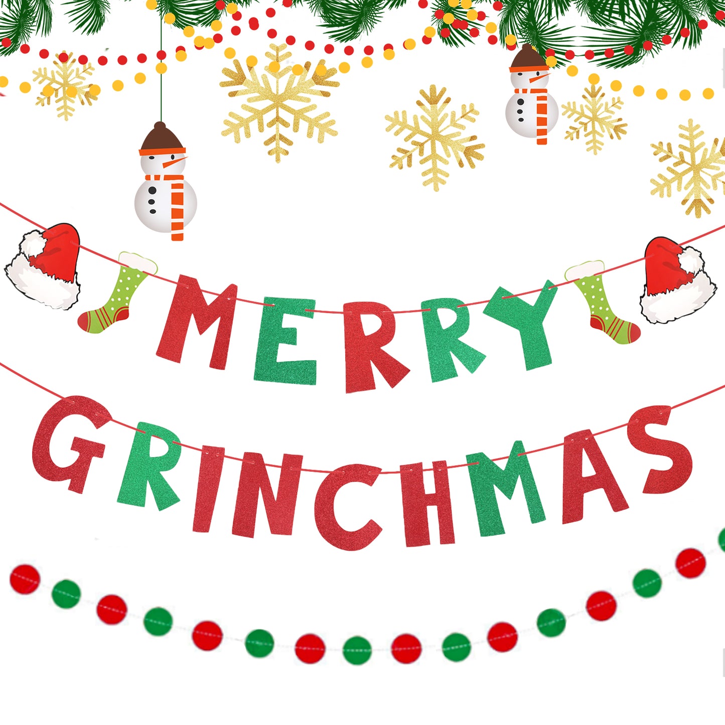 GEEHUA Merry Grinchmas Banner, Red Green Christmas Party Banner Glitter Paper Grinchmas Sign Banner for Xmas Decorations Indoor Outdoor for Home Wall Mantle Fireplace Garland Farmhouse Decor