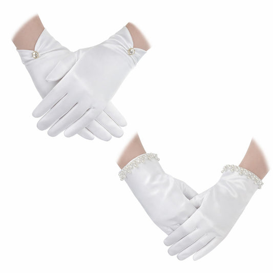 JJUNW 2 pairs Short Satin Gloves Women, White Satin Glove, Gloves for Women's Dressy for Women's Wedding & Tea Party Pearl Banquet Dress