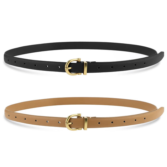 Andibro 2 Pcs Womens Skinny Leather Belt, Adjustable Thin Waist Belt with Gold Buckle Fashion Belts for Pants Jeans Dresses