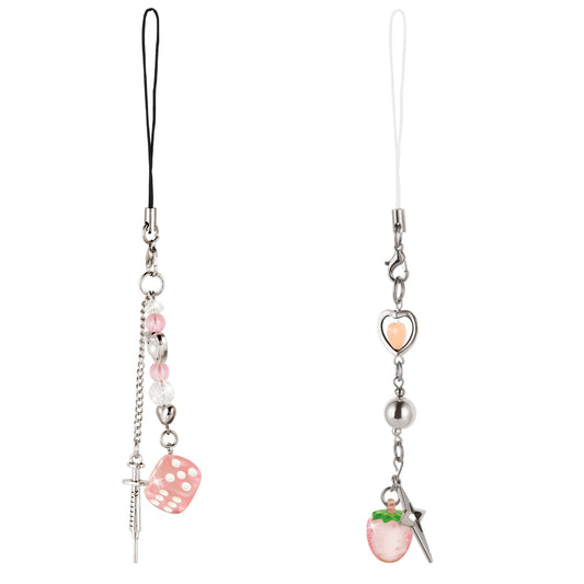 Amabro Cute Delicate Phone Charms, 2Pcs Aesthetic Keychain Charm Phone Chain Accessories Kpop Aesthetic Charm Cute Strawberry Dice Heart Pearl Phone Pendant for Phone Bag Keychain Camera