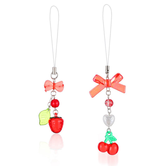 AOZUO 2Pcs Cherry Strawberry Phone Charm, Kawaii Strawberry Keychain Y2K Kpop Aesthetic Charms Cute Bowknot Beaded Phone Case Chain Lanyard for Women Girls Phone Bag Keychain Camera Pendants Decor