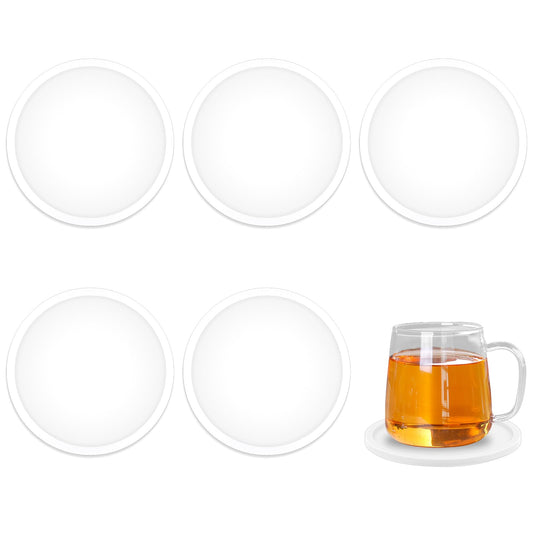 Giantree Silicone Drinking Coasters, 5 Pack Non-Slip Round Coasters for Drinks, Non-Stick Coasters for Tabletop and Office Protection Silicone Coasters for Beverage Coffee Home Decor(White)