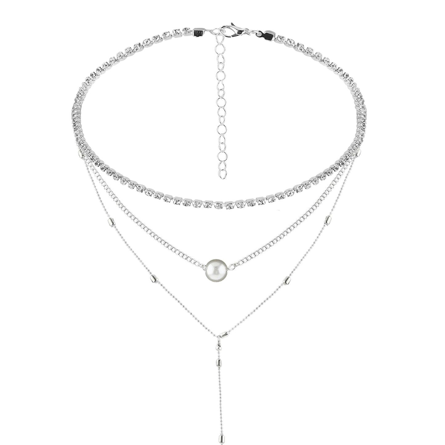 TIESOME 3 Layer necklaces Long Necklace for Women, 3 set jewelry chains crystal Diamond necklace Pearl necklace fringe pendant Adjustable Layering Choker Necklaces for Women Jewelry Gift