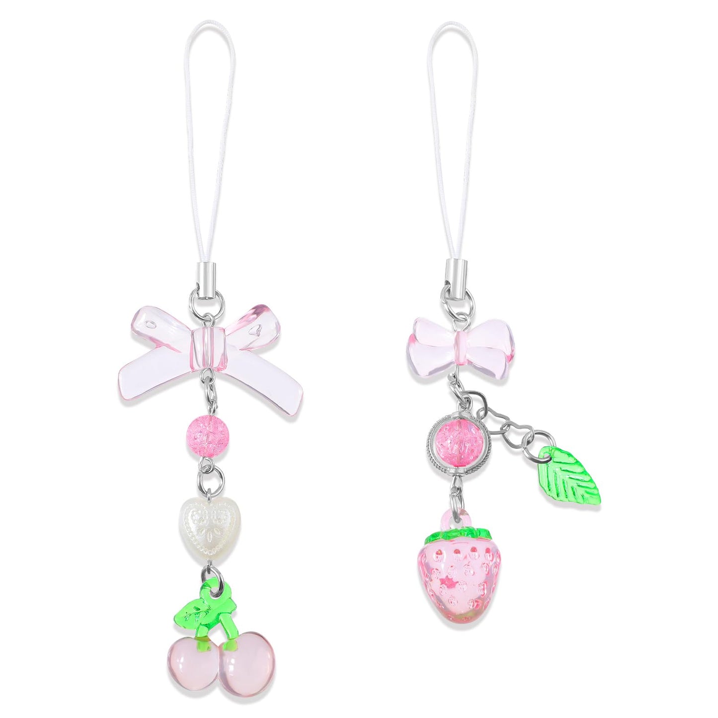 Yuanchu Aesthetic Mobile Phone Pendant, Pack of 2 Cute Strawberry Cherry Mobile Phone Pendant Band with Rhinestones Mobile Phone Strap for Women Girls Key Chain Backpack Purse Camera Pendant