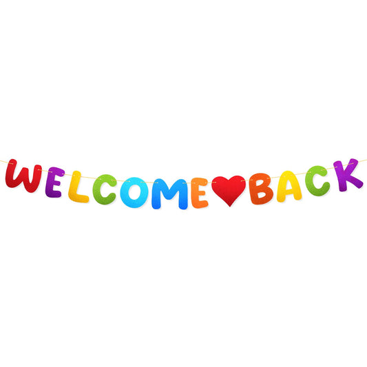 HJZHII Glitter Welcome Back Banner, Back to School Party Hanging Banner Homecoming Returning Home Retirement Party Decor First Day of School Party Classroom Decorations Photo Prop(Multi)