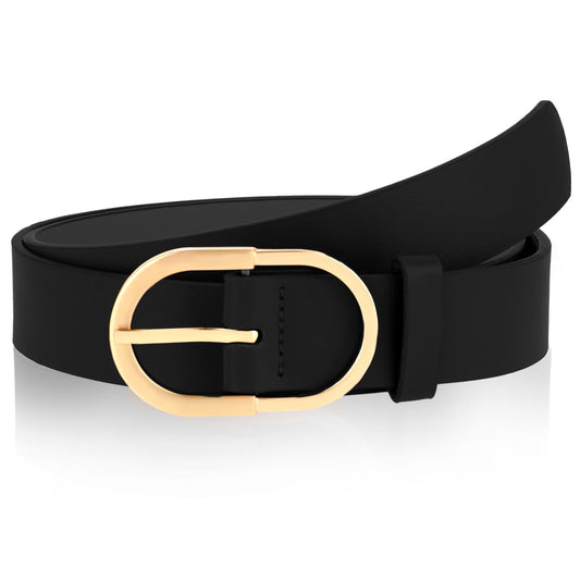 Andibro Women's Leather Belts for Jeans Pants, Fashion Ladies Belt with Oval Gold Buckle Adjustable Simple Belt for Grils (Black)