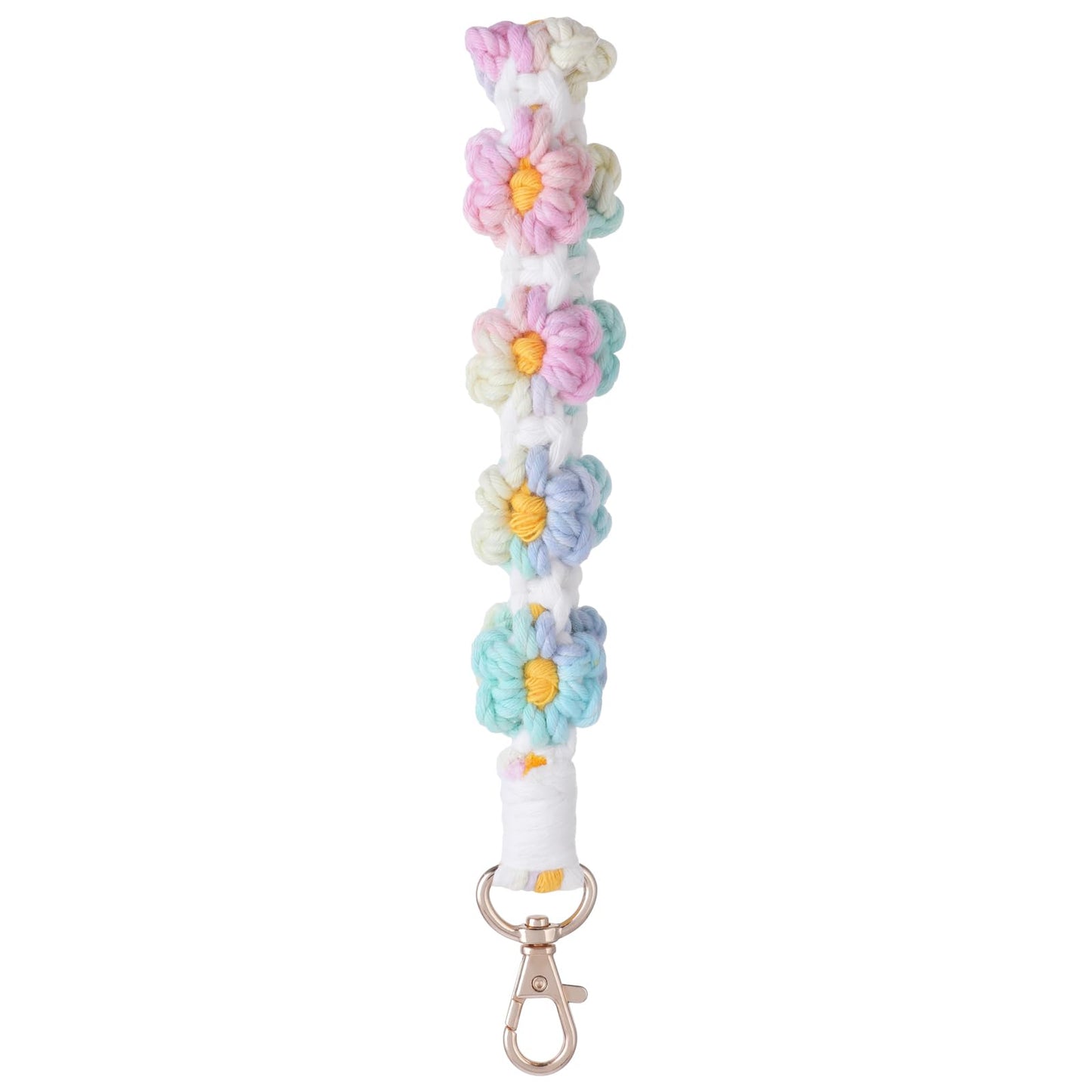 cobee Daisy Macrame Keychain, Handmade Wristlet Keychain Boho Macrame Keyring Holder Macrame Keychain Bracelet Colorful Wristlet Bracelet Keychain Wrist Lanyard with Lobster Clasp (Rainbow)