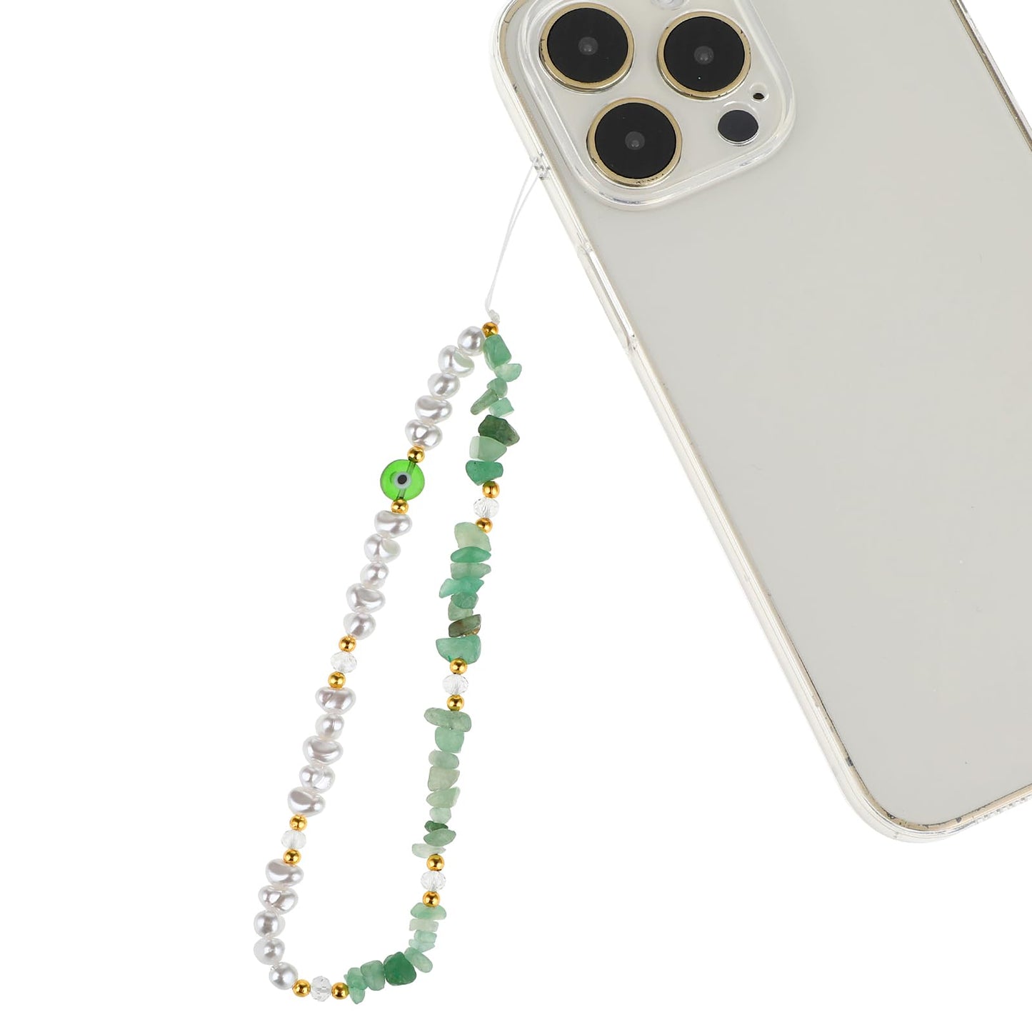 Molain Beaded Phone Lanyard, Healing Crystal Pearl Natural Stone Phone Charm Handmade Bracelet Keychain Cute Anti-lost Phone Chain Strap for Women Girls (green)