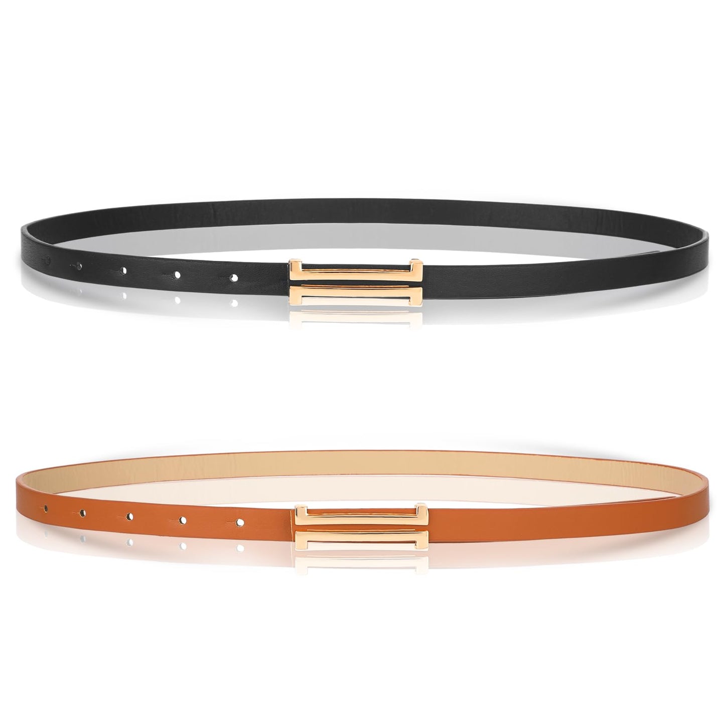 Amaxiu 2Pcs Women's PU Leather Skinny Belt, Thin Waist Belt Soft Slim Waistband Alloy Gold Buckle Belt for Dress Pants Jeans