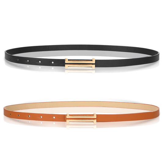 Amaxiu 2Pcs Women's PU Leather Skinny Belt, Thin Waist Belt Soft Slim Waistband Alloy Gold Buckle Belt for Dress Pants Jeans