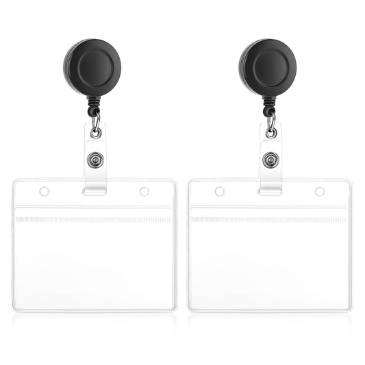 JIEYAO 2 Pcs Clear Badge Holder with Badge Reels,Horizontal ID Card Badge Holder, Soft Plastic Card Holder Retractable Badge Reel Clip Credit Card Protector for Nurse Doctor Teacher Office(Horizontal)