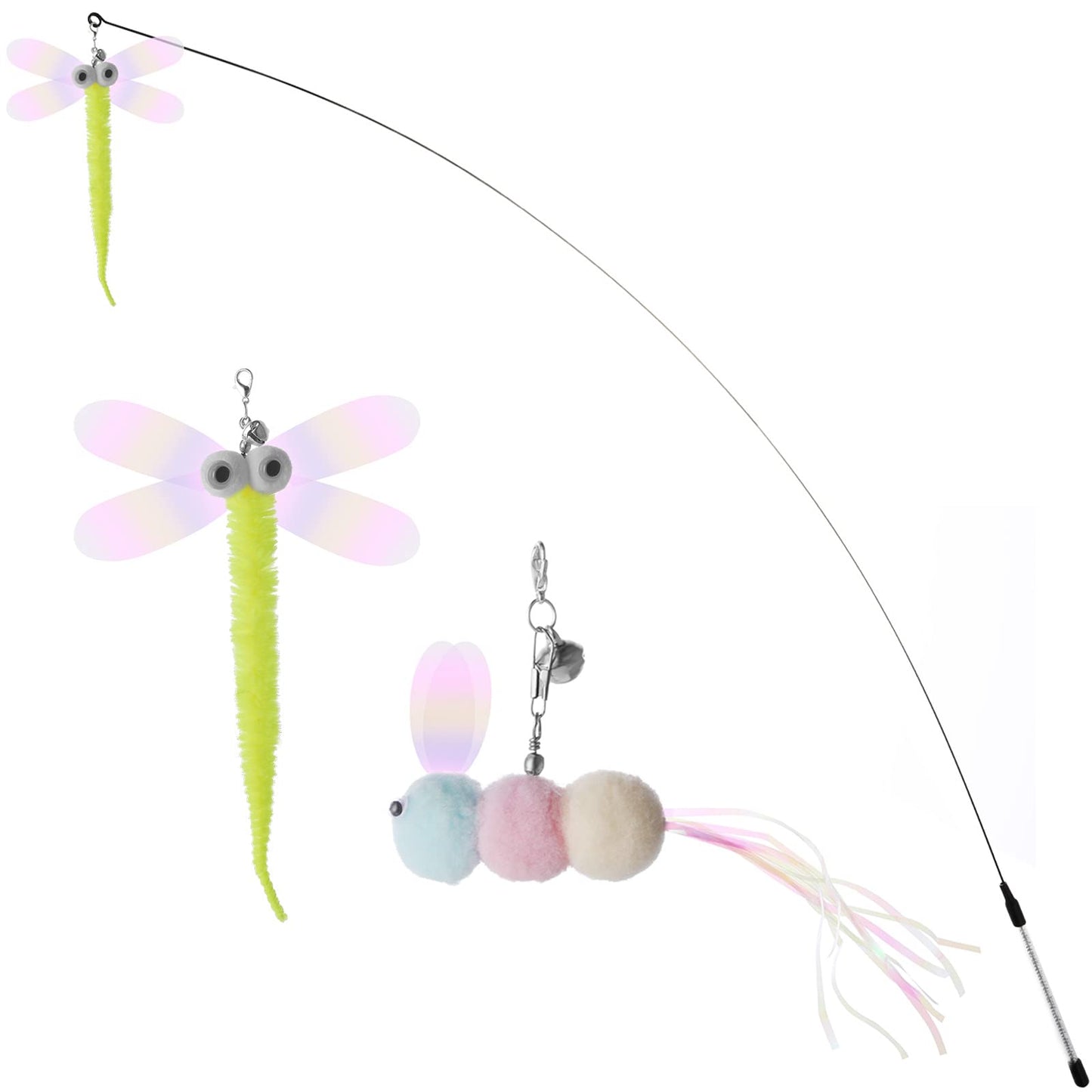 cobee Interactive Cat Toy Replacement Refills with Bells, Retractable Cat Wand Toys for Indoor, Furry Cat Kitten Wand Training Exerciser Accessories, 2 Pcs Wand Toy Refills(Dragonfly, Bee)