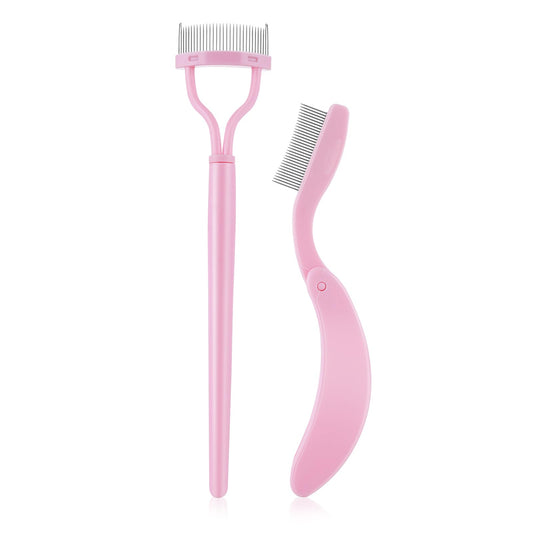 Amabro 2pcs Eyelash Combs, Metal Teeth Eyebrow Comb Arc Shaped Professional Eyelashes Mascara Separator Tool Applicator Cosmetic Brushes with Comb Cover for Define Lash Brow, Pink