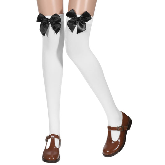 LIQWEI Thigh High Stockings with Stain Bow Accent, Smooth Edge Bow Socks Cute White Lolita Socks Soft Stretchy Knee Uniform Dress Sock with Bow for Dress Uniform Lolita Daily Wear(Black Bow)