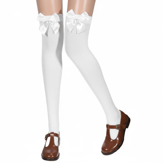LIQWEI Thigh High Stockings with Stain Bow Accent, Smooth Edge Bow Socks Cute White Lolita Socks Soft Stretchy Knee Uniform Dress Sock with Bow for Dress Uniform Lolita Daily Wear(White Bow)