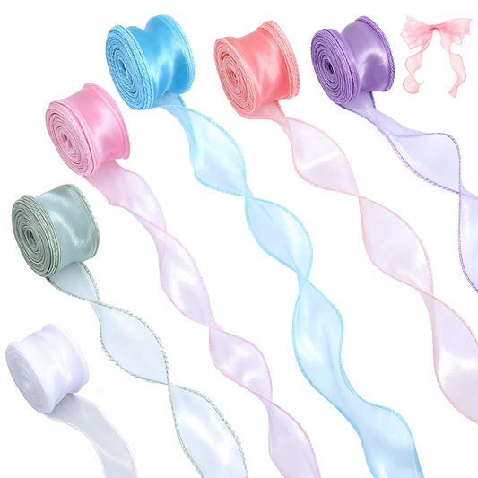 LXUEJIE 6Rolls Iridescent Organza Ribbon Sheer, 1.57" Wide Iridescent Ribbon Easter Craft Decorative Ribbons 10Yards Colored Sheer Organza Ribbons for Flower Wedding Gift Wrap Christmas Party Garland