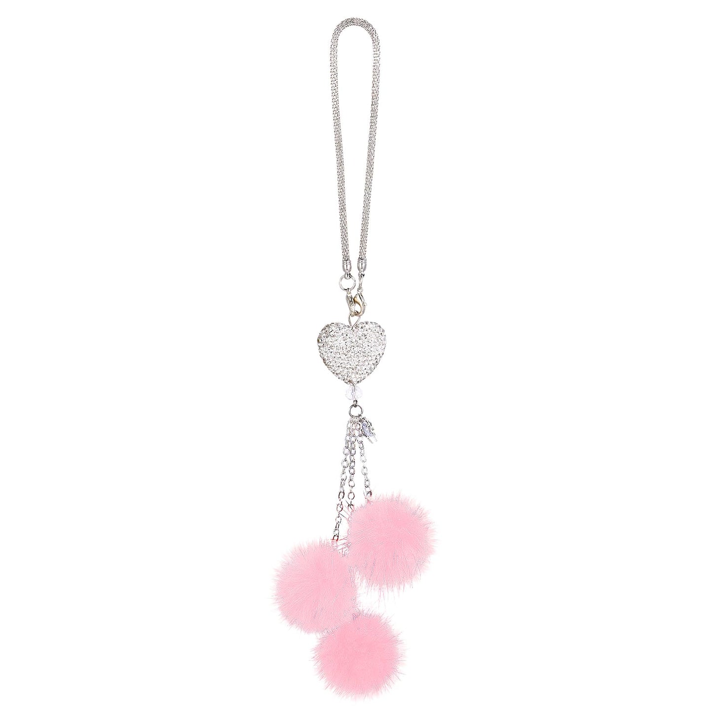 cobee Love Heart Diamond with Plush Ball Car Hanging Ornament, Car Bling Rear View Mirror Lucky Hanging Ornaments Rhinestones Diamond Love Heart Car Accessories for Women & Men(Pink)