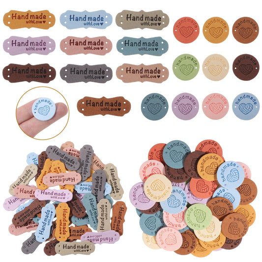 Jeffdad 80PCS Handmade Leather Labels, 20 Colors Colorful Leather Tags For Crochet Items Handmade Embossed Tags with Holes Sewing Labels for Handmade Items Clothing Knitting Shoes Hats Crafts